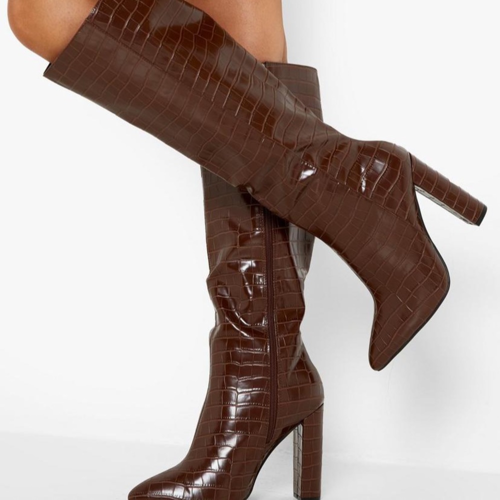 Wide fit pointed toe croc knee high boots chocolate brown!